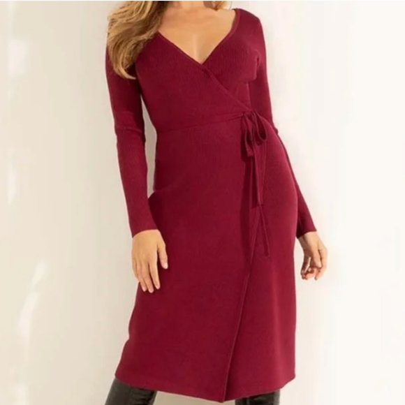 Guess Everly Red Ribbed Knit Wrapover Dress Size M - Picture 4 of 8